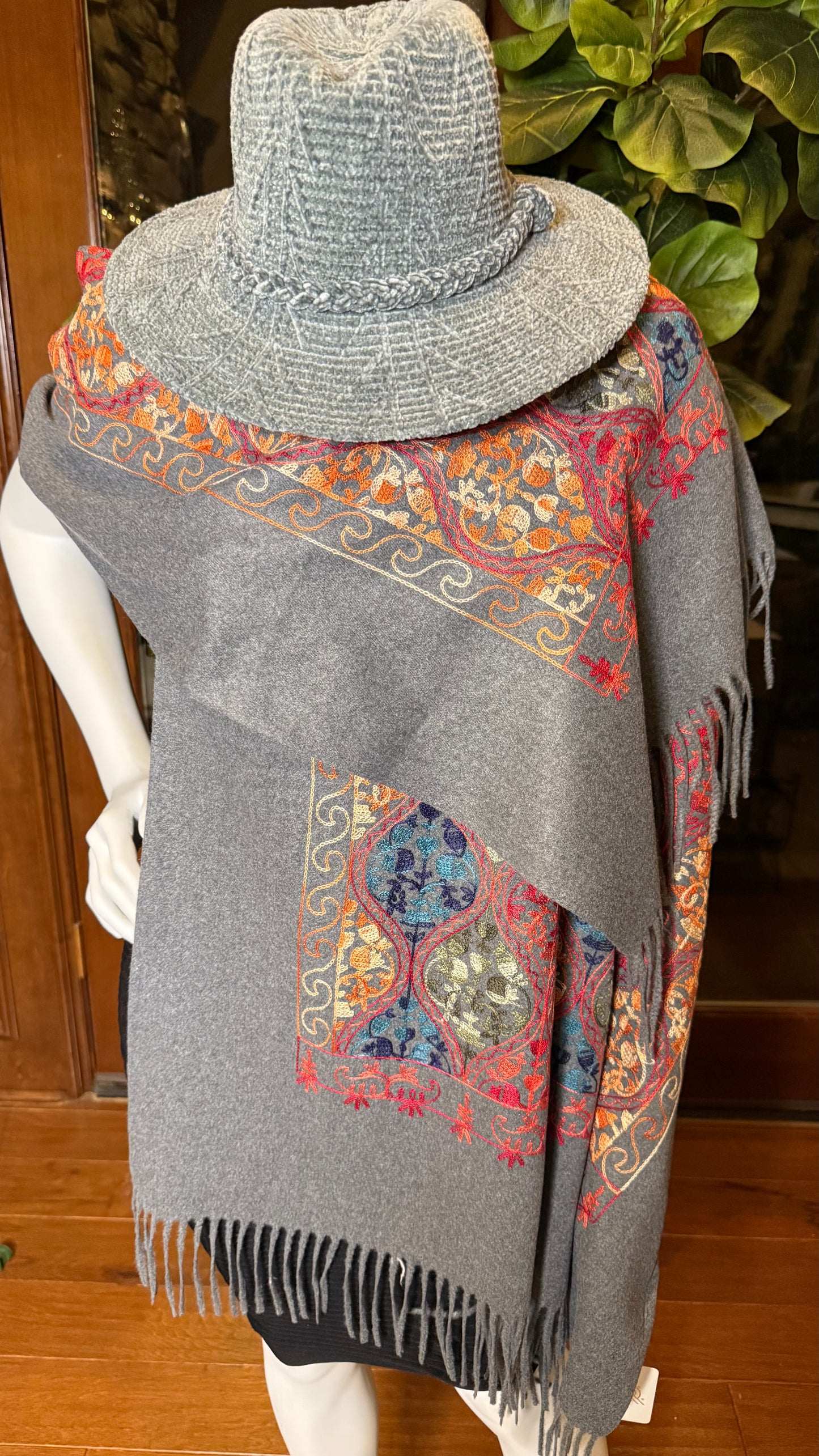 Serafina Gray Embroidered Shawl Top
