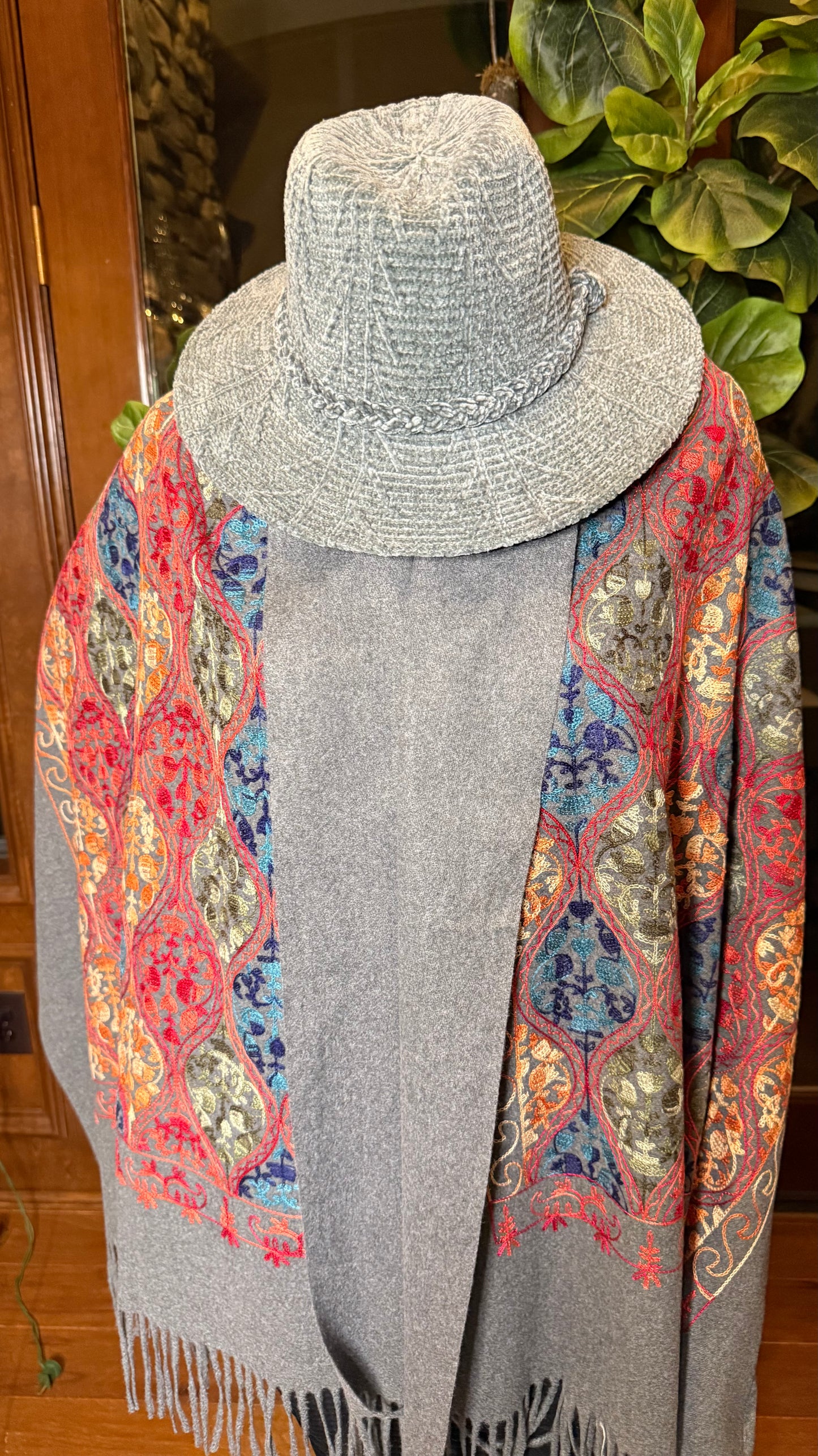 Serafina Gray Embroidered Shawl Top