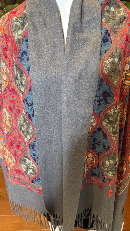 Serafina Gray Embroidered Shawl Top