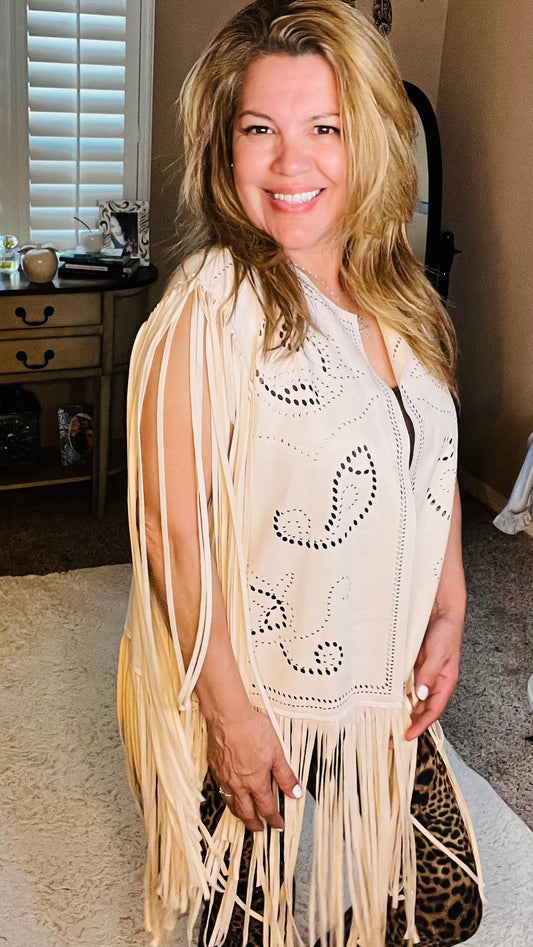 Fringe Beige Vest Top