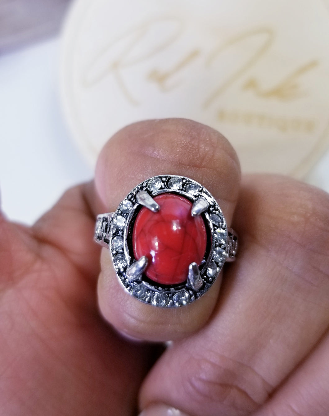 Red Small Frame Stone Ring